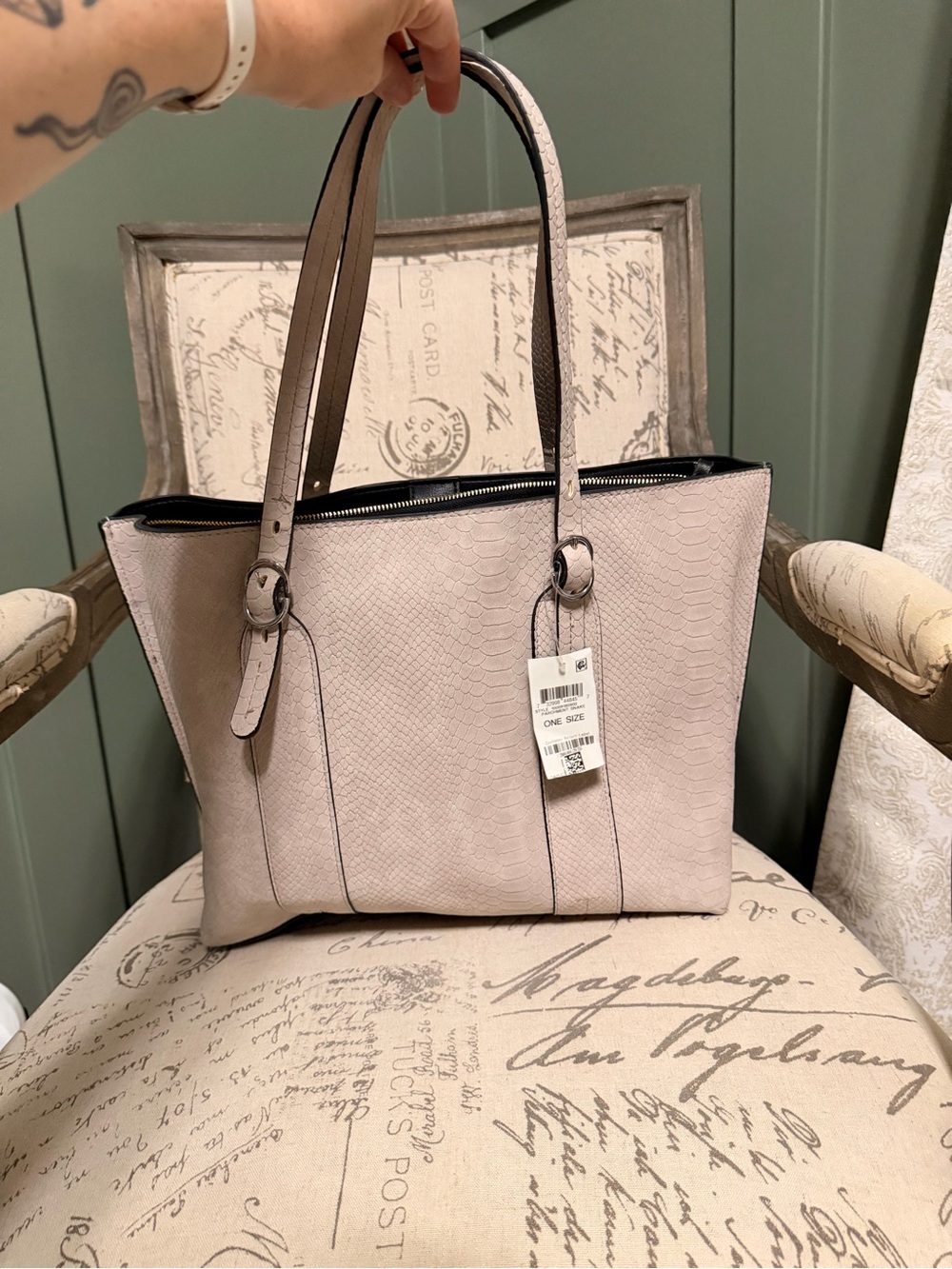 Alfani Python Textured Tote Bag in Light Blush Pink/Taupe - Picture 2 of 8